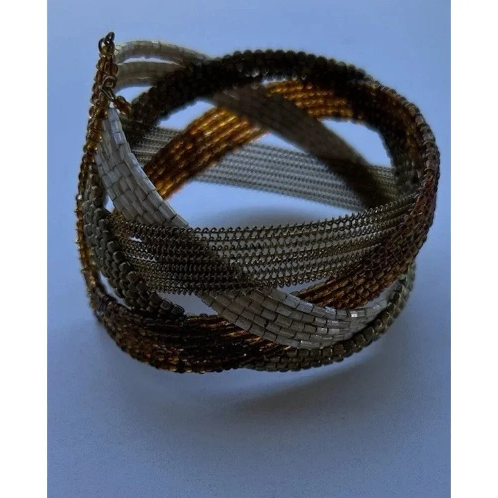 Vintage Glass Seed Bead Pieces Cuff Bracelet Brown Gold Y2K Women’s Sz 7.5”